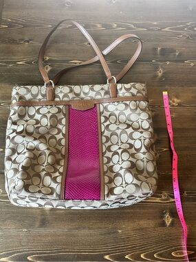 Coach Beige Signature Tote with Pink Center Panel